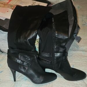 Nine West Black Women's High Heel Leather Boots w/Calf Stretch